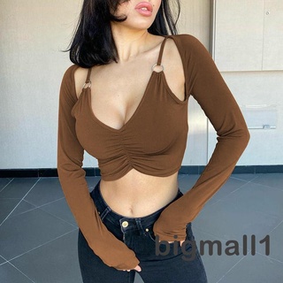 BIGMALL-Women´s Summer Crop Tops Solid Color Deep V Neck Long Sleeves Cropped Navel T-shirt