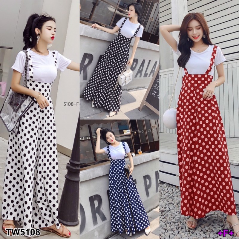 เอี้ยม-เสื้อยืดสีขาว-เอี๊ยมกางเกงลายจุด-polka-dot-สายผูกโบว์ผ้า4เวย์-ซิปหลัง-กางเกงทรงขาบาน-สวมใส่สบาย-ได้ทุกโอกาส