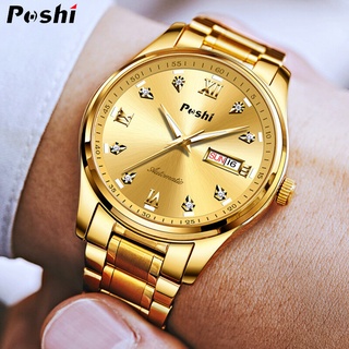 สินค้า Poshi นาฬิกาข้อมือควอตซ์แฟชั่น สายแสตนเลส เรืองแสง กันน้ํา สีทอง หรูหรา สําหรับบุรุษ