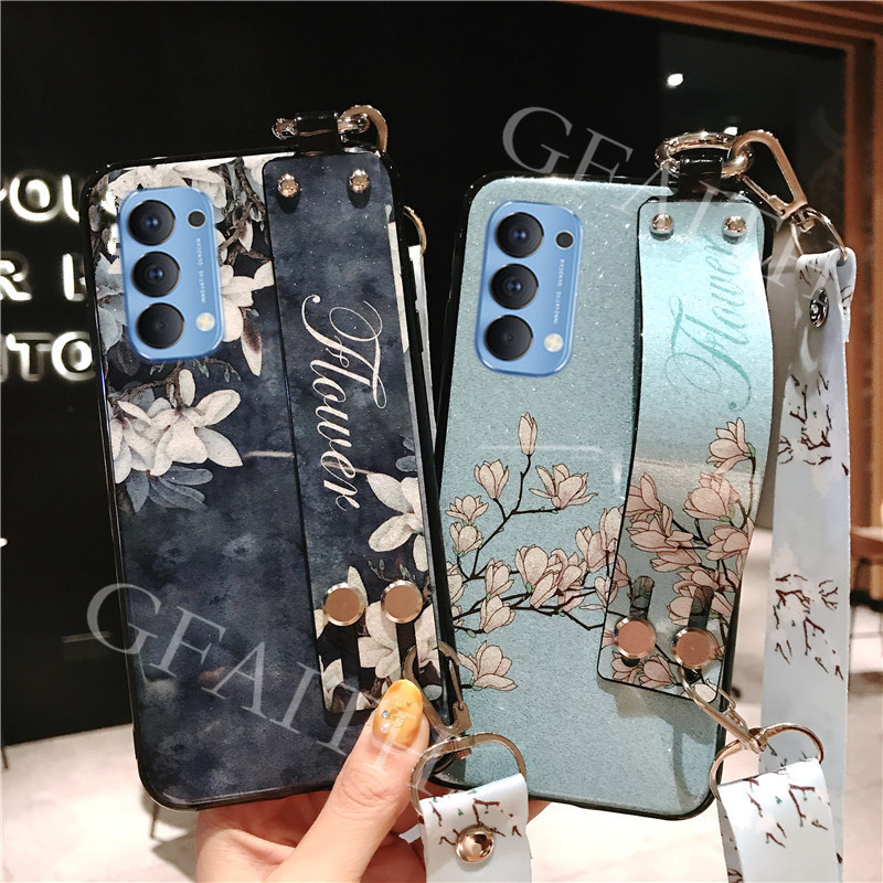 เคสโทรศัพท์-oppo-reno-4-4g-thailand-version-flowers-bling-glitter-soft-tpu-with-wrist-band-and-adjustable-crossbody-lanyard-phone-case-for-reno4-2020-new-casing