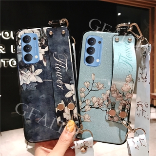 เคสโทรศัพท์ OPPO Reno 4 4G Thailand Version Flowers Bling Glitter Soft TPU With Wrist Band and Adjustable Crossbody Lanyard Phone Case For Reno4 2020 New Casing