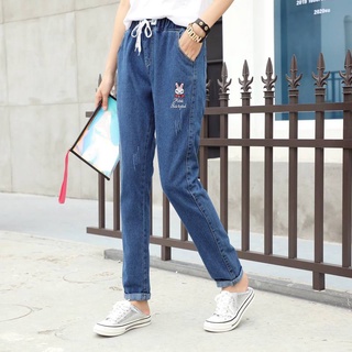 C () 915600-ย้อนยุคฤดูร้อนใหม่แฟชั่นลำลองสไตล์เกาหลีเอวยางยืดเย็บปักถักร้อยกระต่ายน่ารักยีนส์ขาตรงกางเกงยีนส์ผู้หญิง