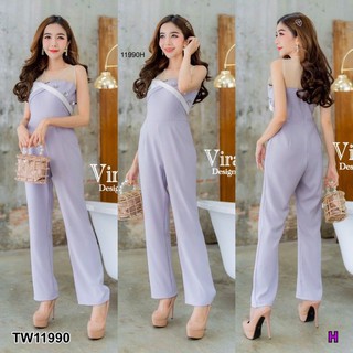 &lt;TW11990&gt;Jumpsuit จั๊มสูทขายาวอกสลับสีทูโทนขาวเทา เอวเข้ารูปกางเกงทรงขาบานนิดๆ เนื้อผ้าซาร่า