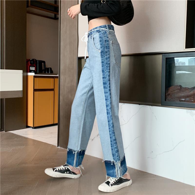 พร้อมส่ง-กางเกงยีนส์ขายาวทรงหลวมขนาดบวกกางเกงยีนส์สีน้ำเงินสไตล์เกาหลี