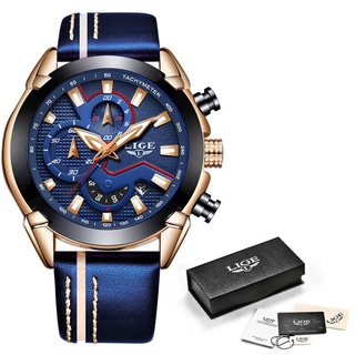 LIGE New Mens Watches Top Luxury Quartz Watch Blue Casual Leather Military Watch Men Waterproof Sport