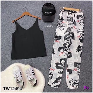 TW12494 Set เสื้อสายเดี่ยวผ้าโฟร์เวย์+กางเกงขายาวผ้าชีฟอง พิมพ์ลายกราฟฟิก เอวสม้อคมีเชือกผูก