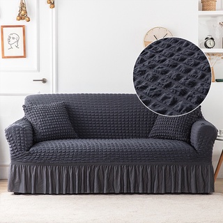 🔥ผ้าคลุมโซฟา Seersucker ผ้าคลุมโซฟาสีเทาสีดำ 1/2/3/4 ผ้ากันเปื้อนที่นั่งพร้อมกระโปรงโซฟาสีทึบหนาทึบ