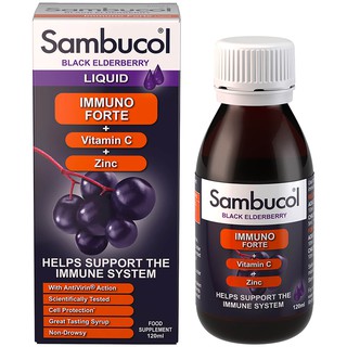 สินค้า Sambucol Immuno Forte Black Elderberry Liquid+ VitaminC + Zinc 120ml เสริมภูมิต้านทาน การเจริญเติบโต ป้องกันหวัด