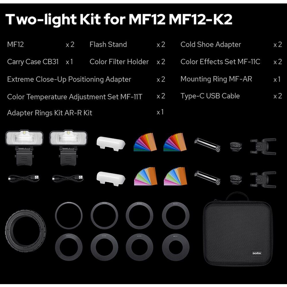 godox-mf12-k2-แฟลชมาโคร-2-ชุดไฟ-mini-speedlite-ในตัว-godox-x-ระบบ-ttl-แฟลช-ฟิลเตอร์สี-ดิฟฟิวเซอร์-สําหรับ-macro