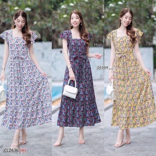 Maxdress  เดรสยาวคอเหลี่ยม แขนล้ำระบาย มีโบว์ผูกเอว