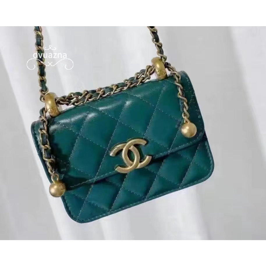 chanel-ของแท้-ลูกปัดทองสองชั้น-woc-กระเป๋าสะพายไหล่โซ่