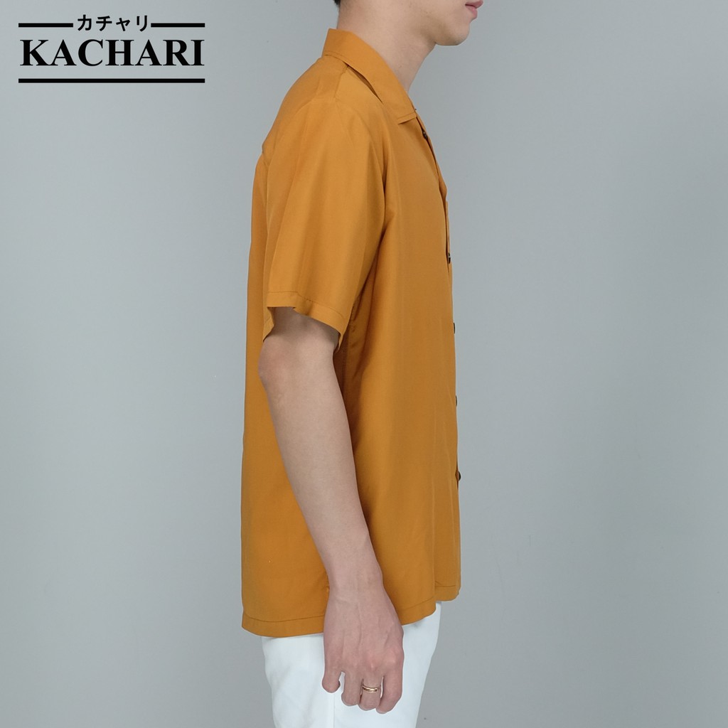 kachari-เสื้อฮาวาย-เสื้อเชิ้ตคอเปิด-สีพื้น-ผ้าเรยอน-สีเหลืองมัสตาร์ด