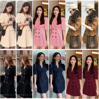 BS0784  Dress เดรสปกสูท งานผ้าซาร่าหนาอย่างดี  ดีไซด์ปกสูทปีกกว้าง ไขว้หน้าติดกระดุม 6 เม็ด (แกะได้)  ปลายแขนตีเกล็ด ไหล