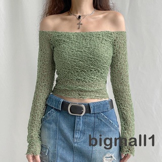 Bigmall- เสื้อเปิดไหล่ แขนยาว สีพื้น เนื้อบาง ลําลอง สไตล์สตรีท สําหรับผู้หญิง