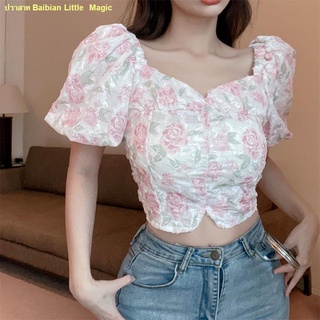 🍓จัดส่งทันที🍓เสื้อเชิ้ตแขนสั้นลายดอกไม้สไตล์เรโทรฝรั่งเศสสไตล์ฝรั่งเศสสำหรับผู้หญิง
