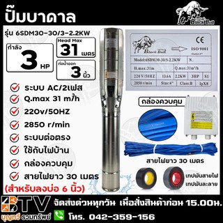 ปั๊มบาดาล Black Bull AC 3 HP 2เฟส 220v บ่อ 6 นิ้ว ท่อน้ำออก 3 นิ้ว รุ่น 6SDM30-30/3-2.2KW สายไฟยาว 30 เมตร กล่องควบคุม