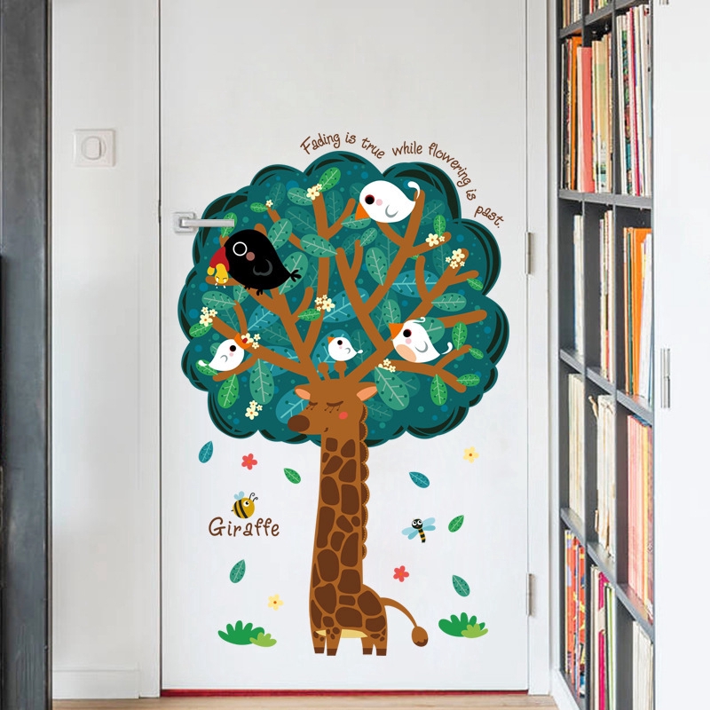 zooyoo-สติ๊กเกอร์ติดผนัง-big-tree-giraffe-cartoon-wall-stickers-room-decoration-wall-sticker