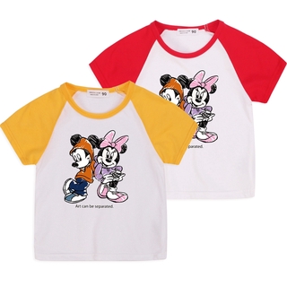 สินค้า Mickey มิกกี้การ์ตูน 6 สีผ้าฝ้ายแท้ระบายอากาศแขนสั้นเด็กเสื้อยืดเด็กด้านบน (90-140 เซนติเมตร)
