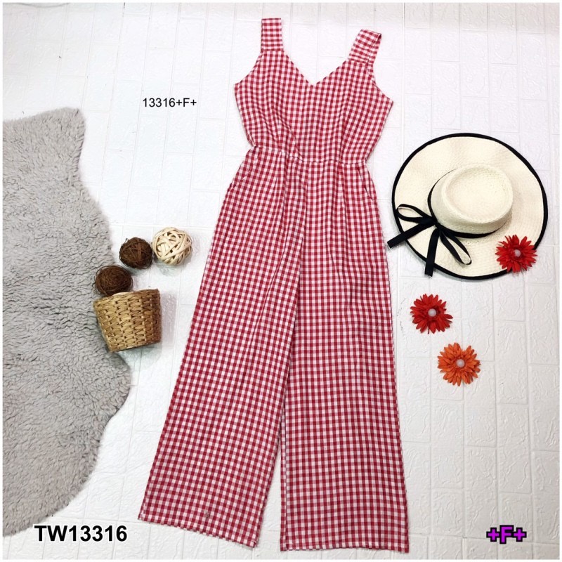 tw13316-jumpsuit-จั้มสูทแขนกุด-ขายาวผ้าทอลายสก็อตขากระบอก-มีกระเป๋าล้วง-มีซิปหลัง