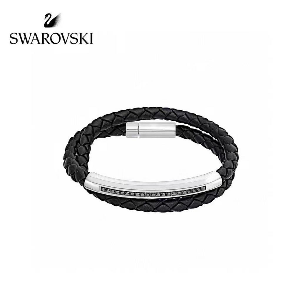 Swarovski Men's Black Leather Double Loop Bracelet Shopee Thailand