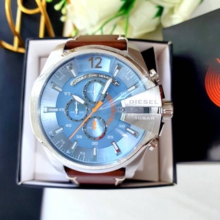 🎀 (สด-ผ่อน) นาฬิกา DZ4458 WS สายหนังสีน้ำตาล ตัวเรือนสีเงิน หน้าปัดสีฟ้า เข็มสีส้ม Diesel Mens Mega Chief