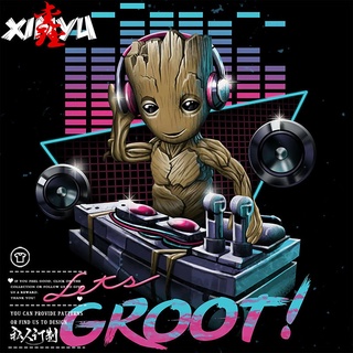 เสื้อยืดโอเวอร์ไซส์Marvel ฮีโร่ชายเสื้อยืดแขนสั้นแนวโน้มสุทธิสีแดง spoofing DJ วัยรุ่น Groot ฤดูร้อนชายแขนสั้นS-4XL