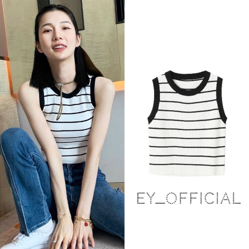 ey-official-2238-พร้อมส่งค่ะเสื้อครอปแขนกุดลายทางคอกลมสไตล์น่ารักเนื้อผ้าไหมพรม