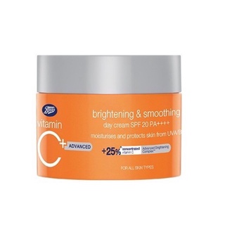 BOOTS VITAMIN C บู๊ทส์ วิตามิน ซี แอดวานซ์ ไบร์ทเทนนิ่ง แอนด์ สมูทติ้ง เดย์ ครีม เอสพีเอฟ 20 พีเอ++++ 50 มล