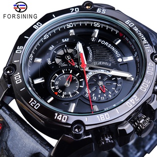 Forsining Watch Mens Automatic Luxury Brand Date Luminous Hands Genuine Leather Band Waterproof Male Mechanical Black Wr