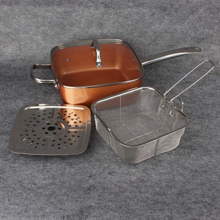 ஐ┇Ceramic Non-Stick Pan Copper Square Pan Induction Chef Glass Lid Fry Basket Steam Rack 4 Piece Set 9.5 Inches Used In