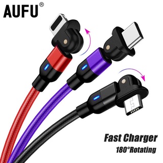 【COD】AUFU 3a สายชาร์จเร็ว 180° สายเคเบิลข้อมูล หมุนได้ สําหรับ Android Micro Type C Transfer Cord 0.5ม. / 1ม. / 2ม. / 3ม.