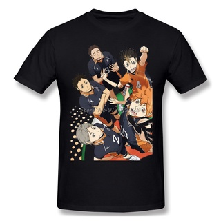 เสื้อยืดวินเทจเสื้อยืด ผ้าฝ้ายแท้ พิมพ์ลายอนิเมะวอลเลย์บอล Haikyuu สีดํา สําหรับผู้ชายS-3XL