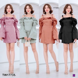 PE17735 Jumpsuit จั้มสูทขาสั้น กางเกงกระโปรงป้ายหน้า