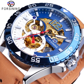 Forsining Unique Mens Watch Automatic Creative Half Blue White Hollow Dial Genuine Leather Mechanical Clock Fashion Relo