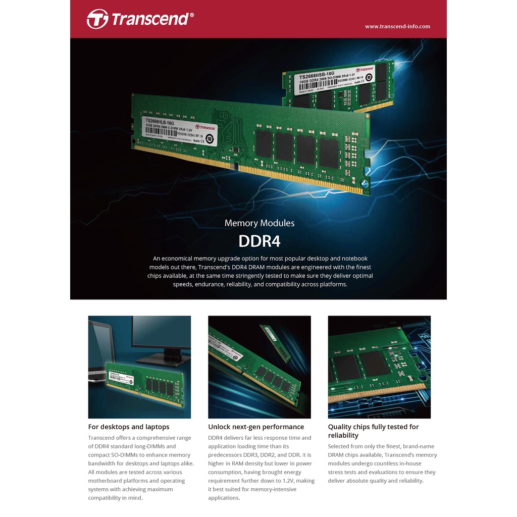 Transcend Ram-Memory DDR4-2666 U-DIMM 16GB : รับประกันตลอดอายุการ