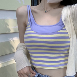MAเสื้อสายเดี่ยว แต่งแผ่นหน้าอก ลายทาง สองชิ้น ขนาดเล็ก เหมาะกับฤดูร้อน สําหรับผู้หญิง