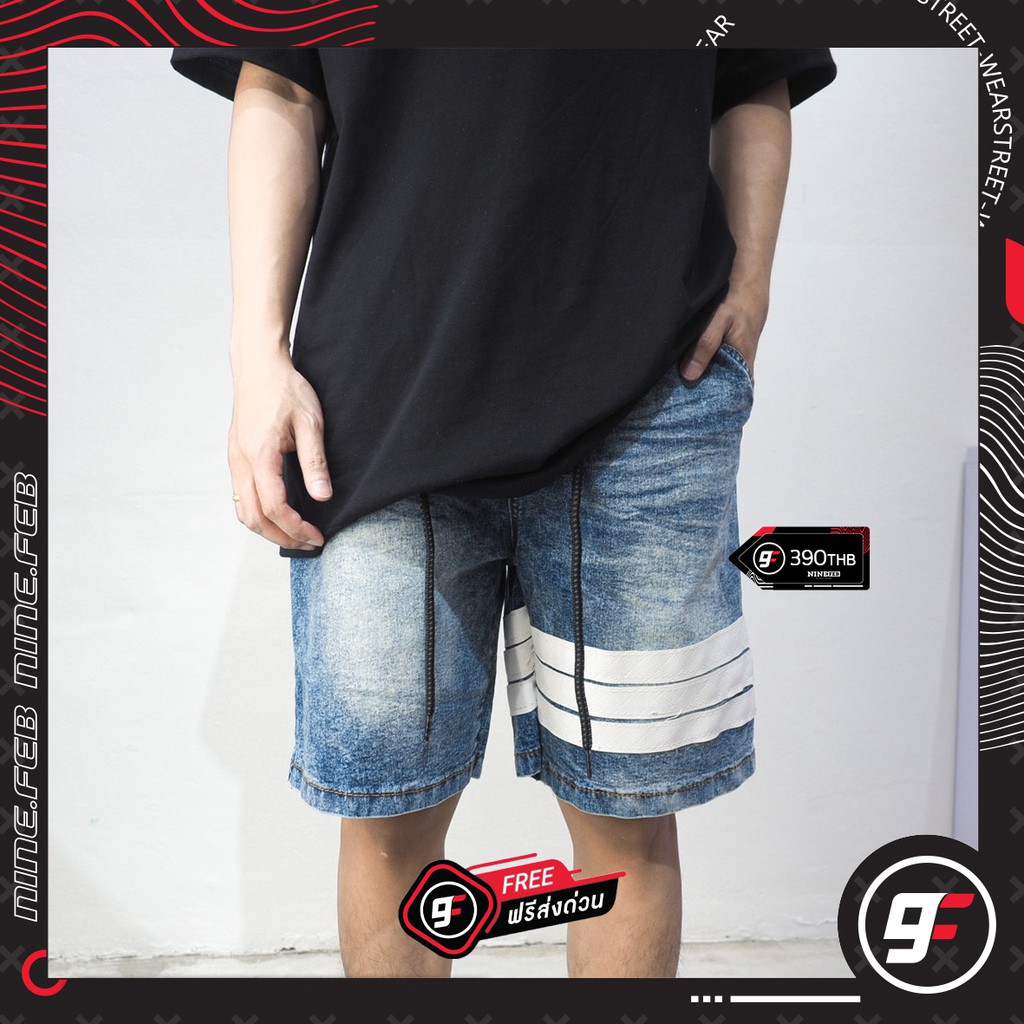 ภาพหน้าปกสินค้า9FEBกางเกงยีนส์ขาสั้น เอวยางยืด แถบหนัง Elasticated Shorts