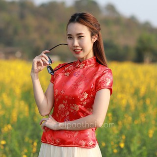 1601 เสื้อตรุษจีนผู้หญิง (เสื้อกี่เพ้า) แขนสั้น สีแดง ลายดอกไม้และเชือกถักมงคลจีน