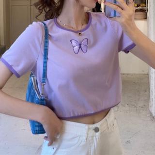 เสื้อยืดครอปท็อป แขนสั้น พิมพ์ลายผีเสื้อ เข้ากับทุกการแต่งกาย สําหรับเด็กผู้หญิง