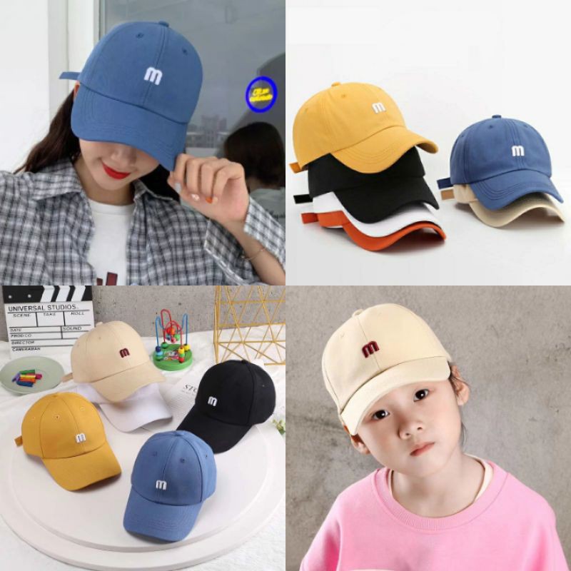 ภาพหน้าปกสินค้าหมวกเด็ก 6เดือน-4ปี รอบหัว: 51-52 cm. หมวกแก๊ป ทรงเบสบอลสีพื้น ปักอักษร "m" ใส่คู่พ่อแม่ลูก