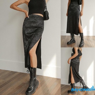 BAY-Women´s Straight Midi Skirts, Gothic Floral Embroidery High Waist Side Split Long Skirts