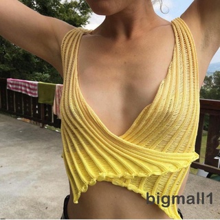 BIGMALL-Women´s Summer  Solid Color Deep V Neck Sleeveless Crossover Knit Tank Tops