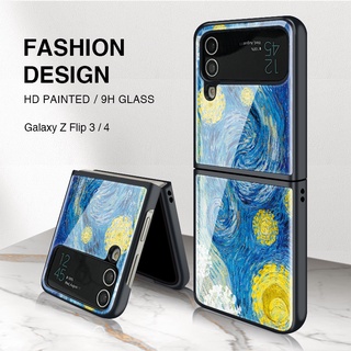 Samsung Galaxy Z Flip 4 / Flip 3 เคสแฟชั่น ลายภาพวาดสีน้ํามัน กระจกนิรภัย แบบแข็ง สร้างสรรค์