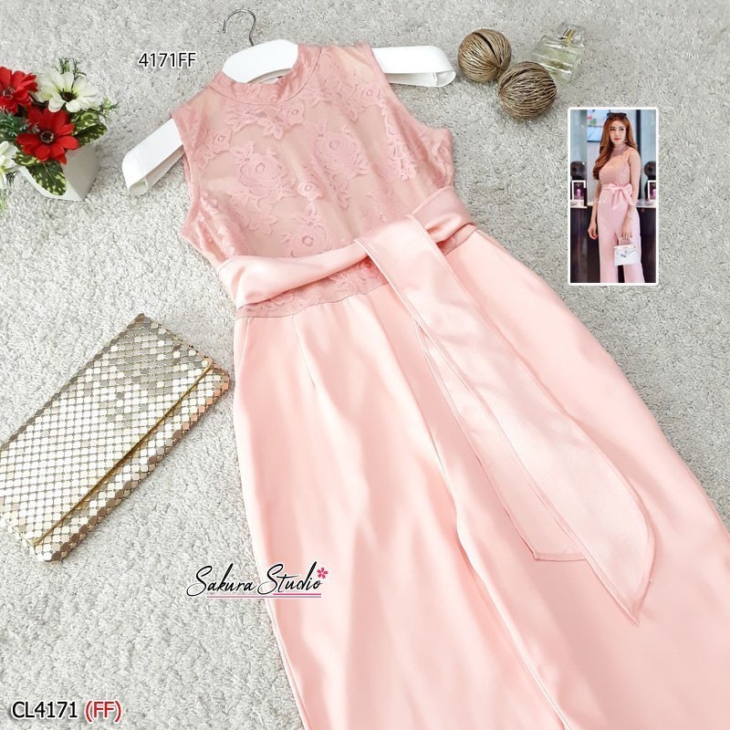 h4171-rose-pink-jumpsuit-จั้มมสูทขายาว-คอปีนแต่งด้วยผ้าลูกไม้-แขนกุด-ช่วงบนตัดเย็บด้วยผ้าลูกไม้-ตัดต่อด้วยงานผ้าซาร่า