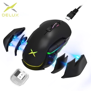 Delux M627 PMW3389 เมาส์เกมมิ่งมีสาย และเมาส์เกมมิ่งไร้สาย RGB 16000 DPI 8 ปุ่ม ซ้าย ขวา พร้อมปีกด้านข้าง DIY