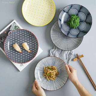 การพิมพ์สีสไตล์ญี่ปุ่นบนโต๊ะอาหารเซรามิกครัวเรือนจานลึกข้าวไมโครเวฟจานขนมขบเคี้ยว