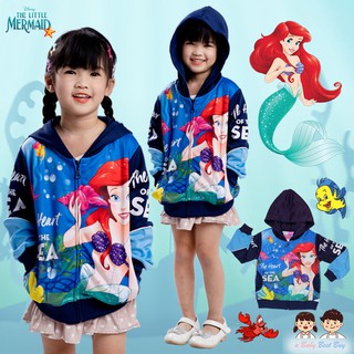 เสื้อแจ็คเก็ต เสื้อกันหนาวแขนยาว เด็กผู้หญิง Disney - Ariel สีน้ำเงิน รูดซิป มีหมวก(ฮู้ด)ใส่คลุมกันหนาว ลิขสิทธิ์แท้