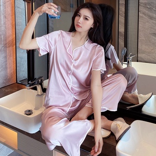 ชุดนอนผ้าไหมแขนสั้นสีพื้นแฟชั่นฤดูใบไม้ผลิและฤดูร้อนสําหรับสตรี