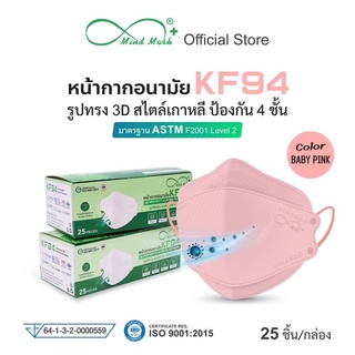 Mindmask หน้ากากอนามัย KF94 กรอง 4 ชั้น สีเบบี้พิ้งค์ สีส้ม มาตรฐานASTM Level2 ป้องกันแบคทีเรีย ฝุ่นละออง PM 2.5 ได้ 99%