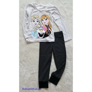 ชุดเซ็ทเสื้อแขนยาวสีขาวลายจุด Frozen พร้อมกางเกงขายาวสีดำลายจุด (งานป้าย)